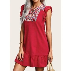 Vibrant Red Ruffle Sleeve Mini Dress